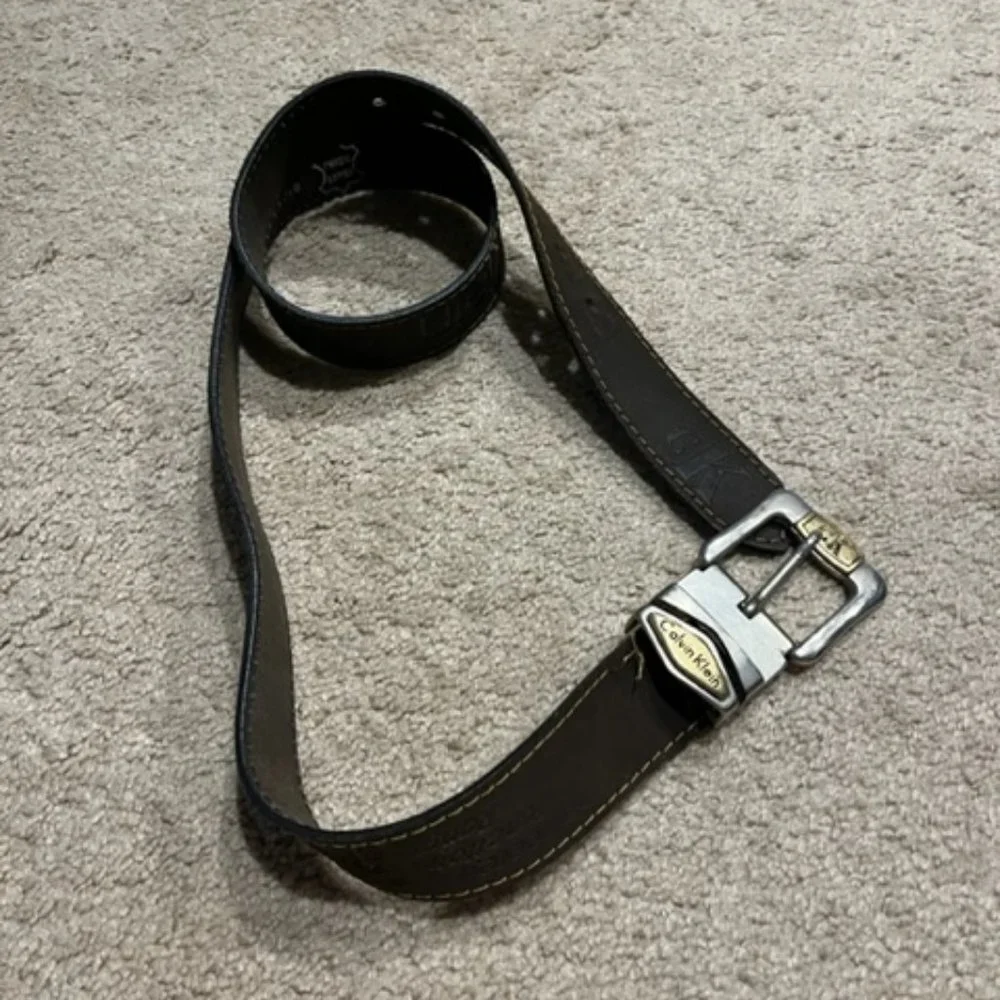 VTG Calvin Klein Western Style Brown Stitched Leather Belt 110cm XL